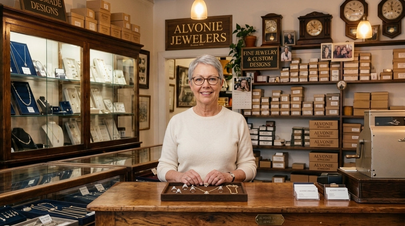 Vera behind the Alvonie Jewelers counter