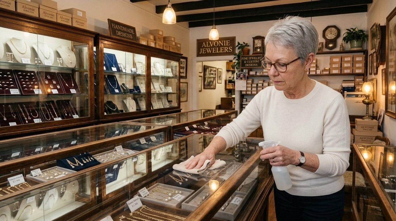 Vera cleaning the jewelry display at Alvonie Jewelers